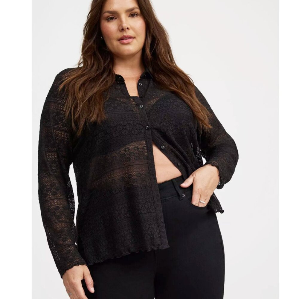 NEW Torrid 2 Black Lace Knit Collared Button-Up Top 2X 18 20